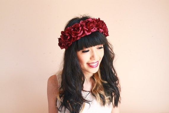 burgundy wine rose crown -maroon floral statement headpiece, santa monica, festival crown, oversize rose.