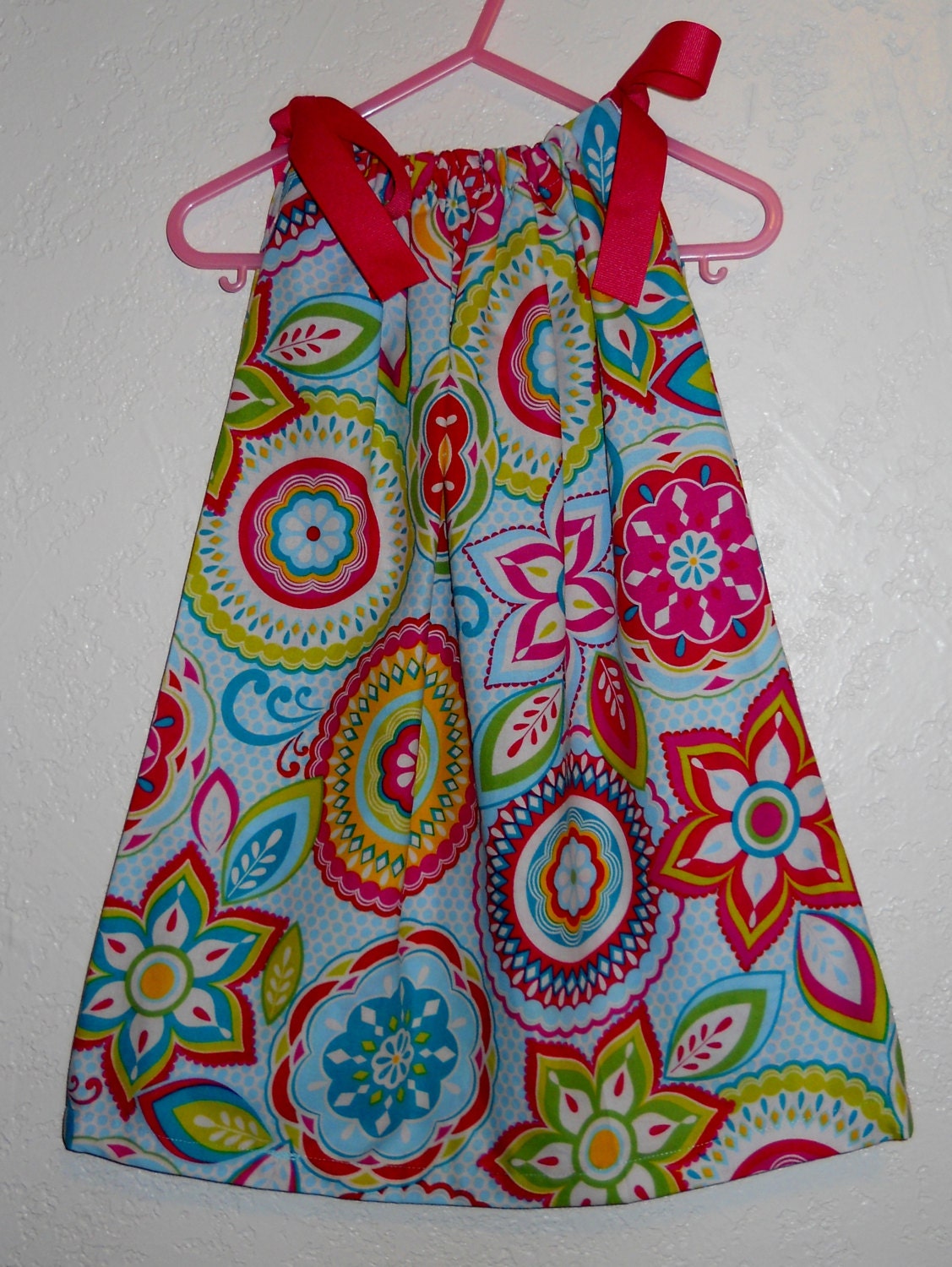 Pink, Blue, Green and Yellow Flower Print Pillowcase Dress - Size 3/6 Month Toddler - RTS
