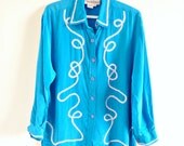 Vintage Diane Von Furstenberg Teal Blouse- Silk, Medium, 80s, Designer