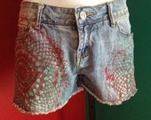 Light Blue JEAN Cut Off SHORTS, hand printed with CROCHET doily Pattern, Size 25