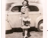 Brunette Beauty in Front of Old Car Vintage Photo Pretty Lady in Fur Trimmed Jacket with a Huge Smile