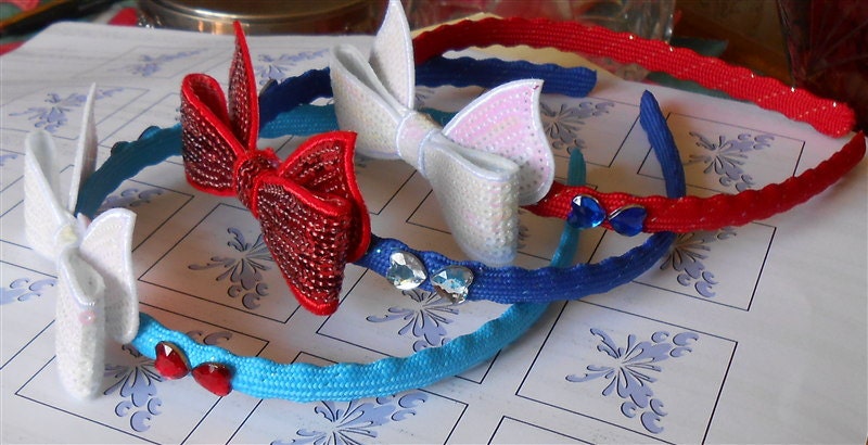 Child Headband Red, Blue with Sequin Bow, Rhinestone Hearts - Baby Girl Hair Accessories - White Red Blue Patriotic Toddler Headbands