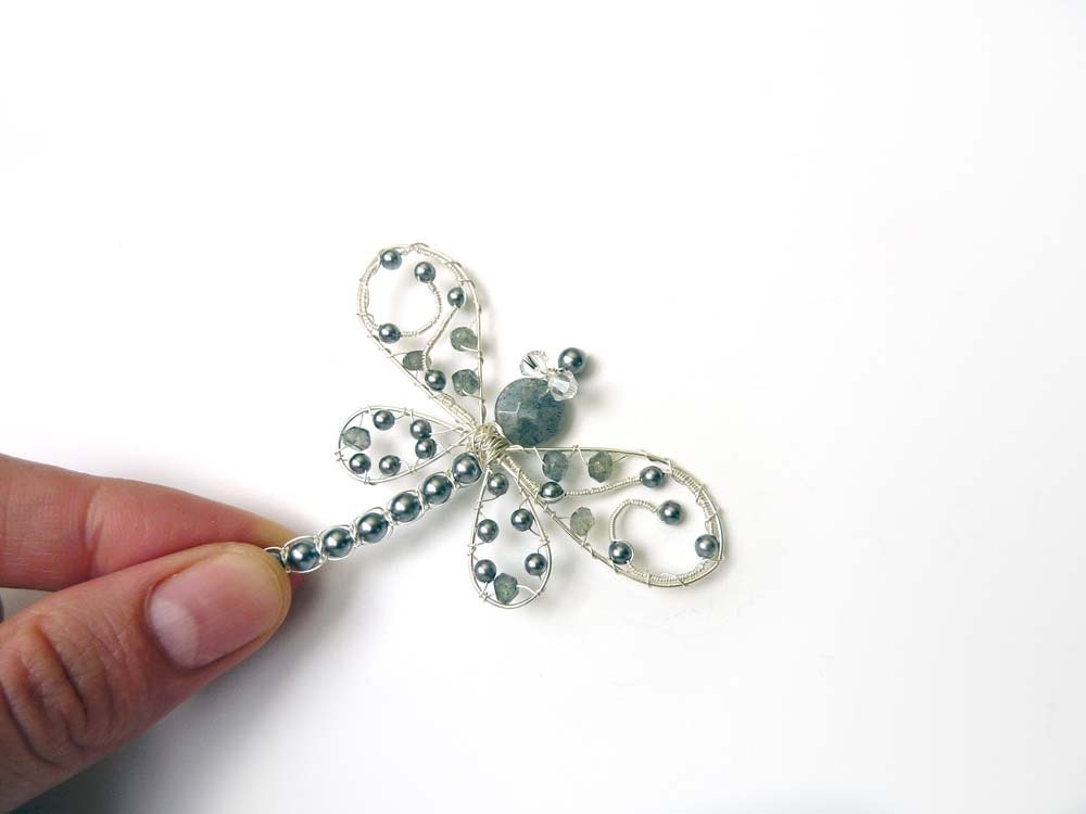 Labradorite and Pearl Dragonfly Hair Clip, Pin, Brooch or Bouquet Decoration - Dragonfly Jewelry - Tagt