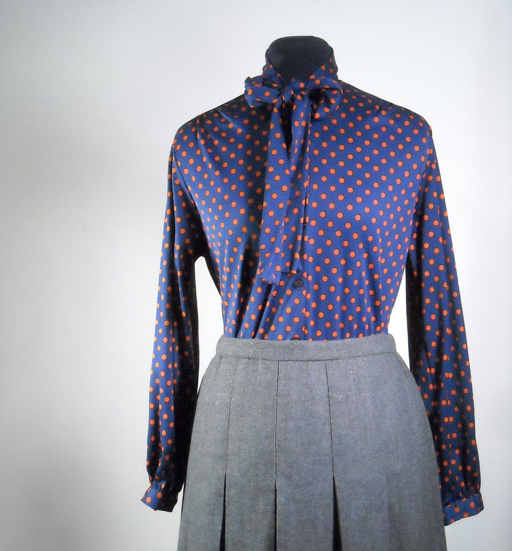 Polka Dot Vintage Secretary Blouse 1970s Tie Neck Plus Size Button Up Long Sleeve Shirt Office Fashion