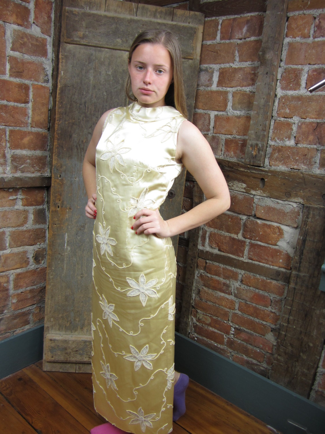 1960s Cream Soutache Dress/ 60s Cocktail Dress/ Lace Cutouts