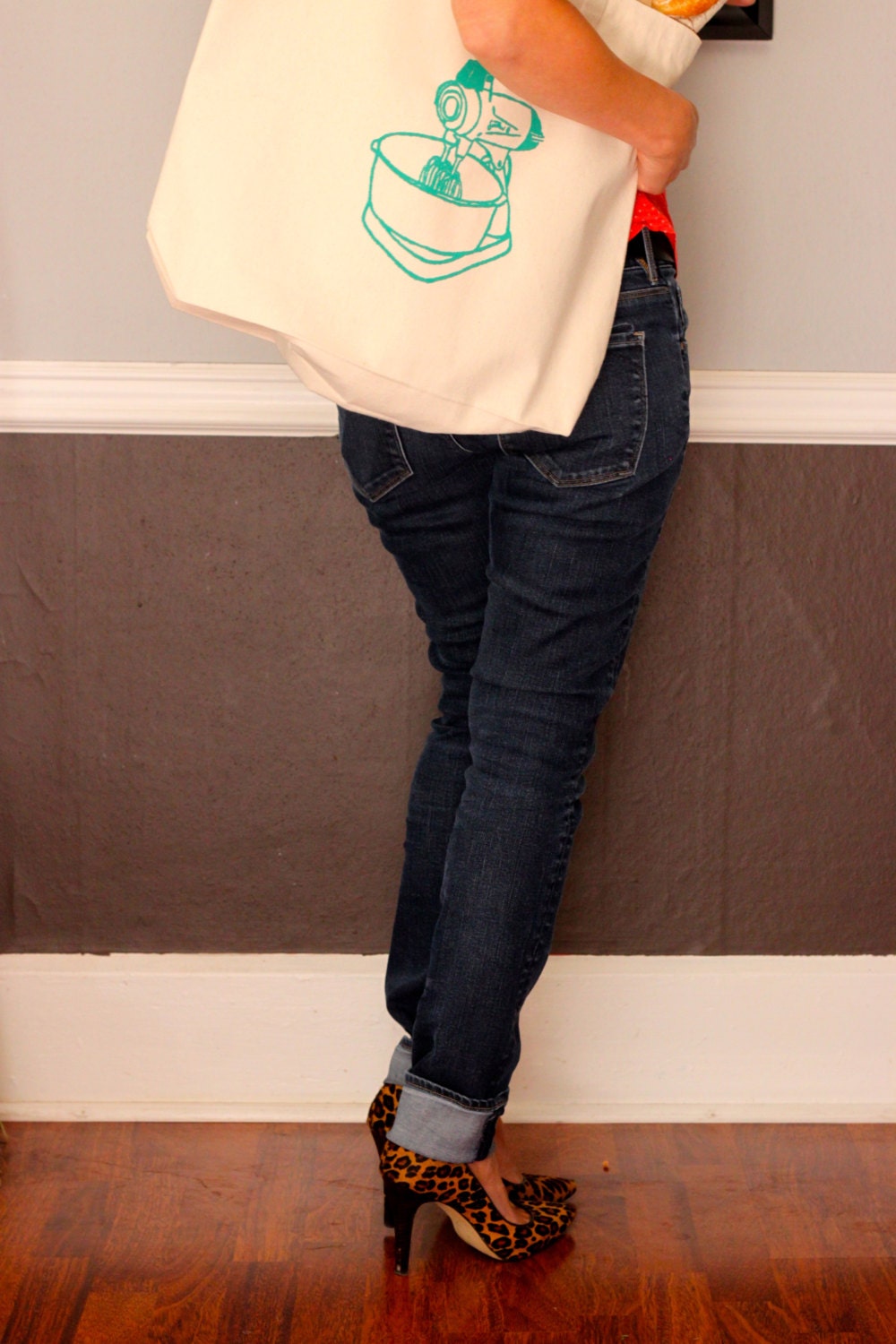 Large Hand Screen Printed Canvas Tote Retro Sunbeam Mixer Design Reusable Bag. Turquoise Blue Limited Edition.