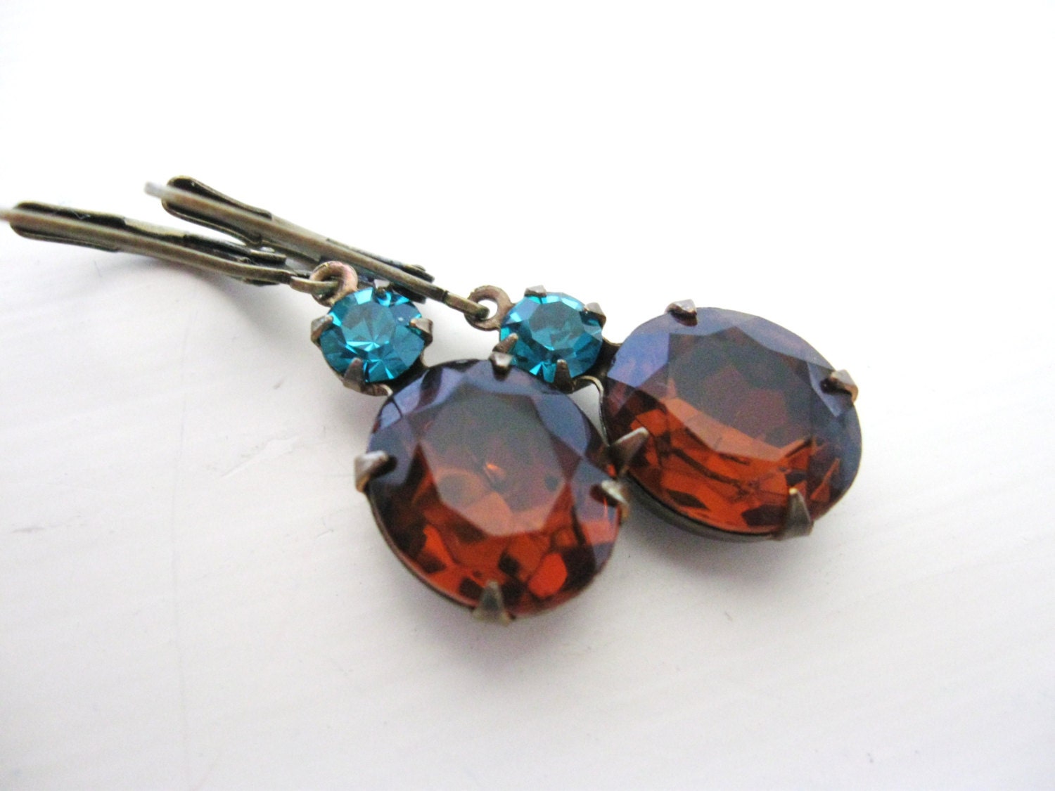 Topaz Aqua earrings - Glass Crystals in Brass - Estate Jewelry