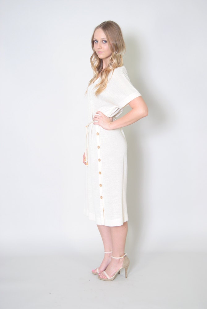 Vintage Linen Dress 70s Crisp Linen Dress with Wooden Buttons & Matching Belt M L
