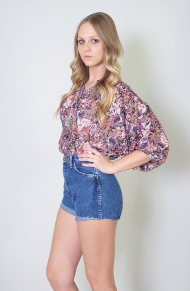 Vintage Floral Blouse 70s BATWING Amethyst Floral BOHO Top S M Summer Festival Sheer Top