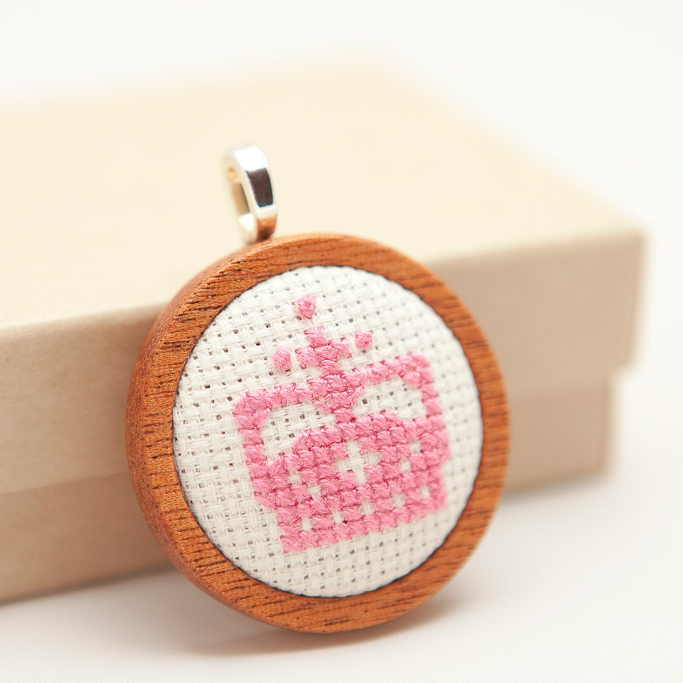 Embroidered Crown Pendant, hand cross stitched in pink