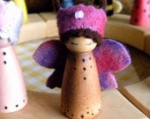 Waldorf Birthday Ring Decor, Butterfly Princess, Small Wooden Peg Doll, jeweled crown, Girl Birthday, pink, purple, brown, wood burned