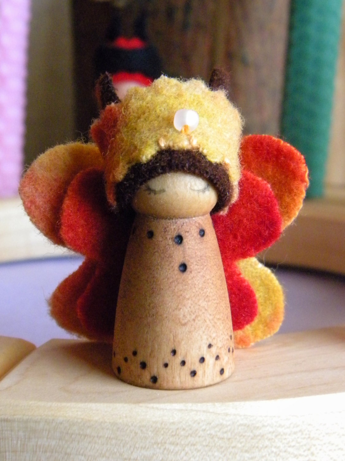 Waldorf Birthday Ring Decor, Butterfly Princess, Small Wooden, jeweled crown, Girl Birthday, red, yellow, orange, brown, wood burned