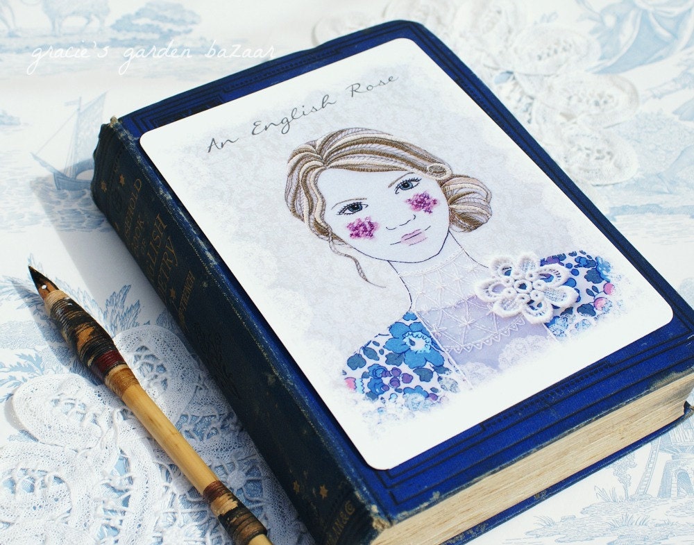 English Rose Postcard Print,embroidered art,floral,hair,woman,blank card,envelope,liberty,lace,dreamlike