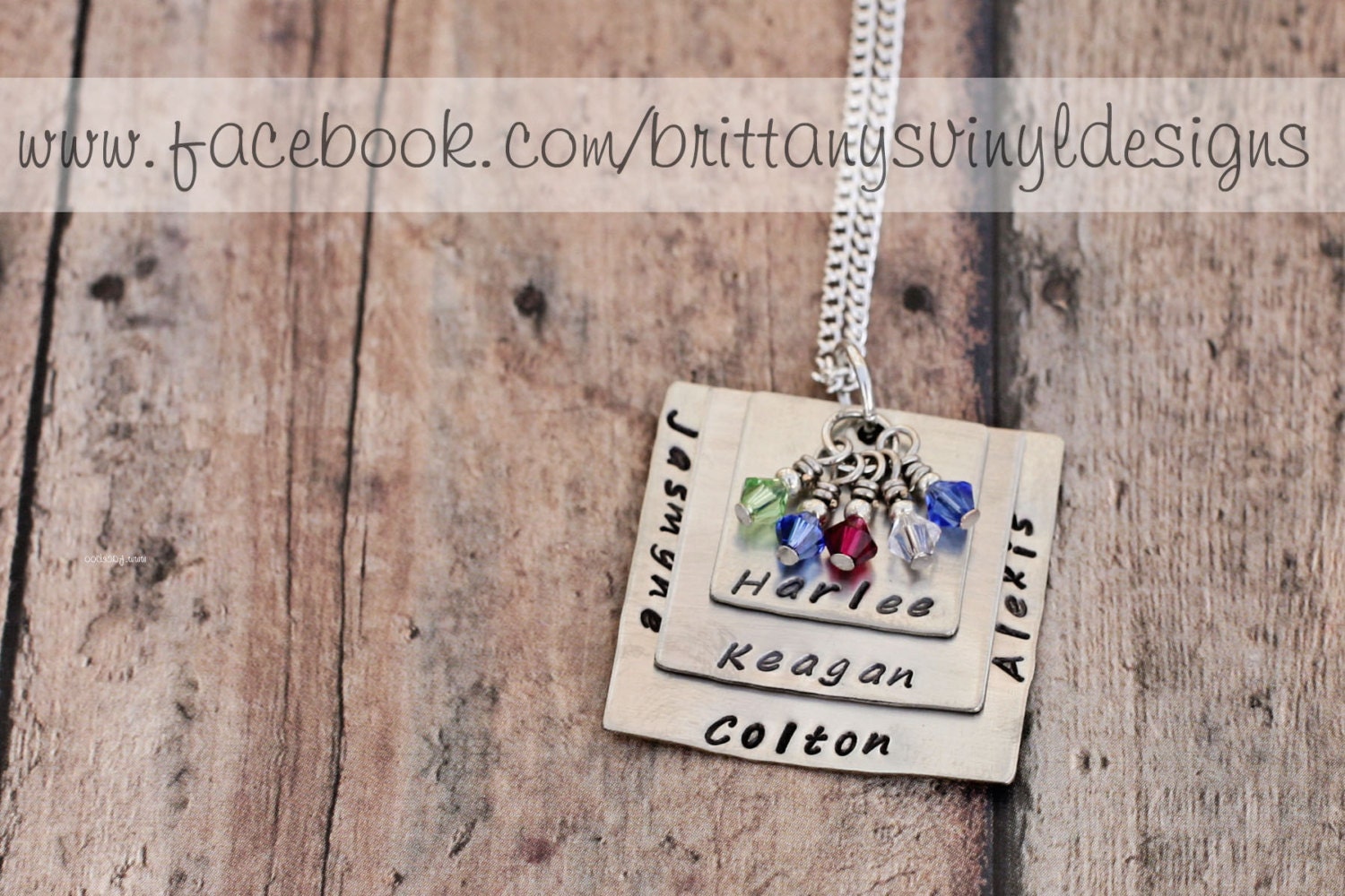 Hand Stamped Necklace with Birthstones for Each Name - Hand Stamped Square Necklace - Personalized and Unique