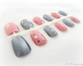 Pink and grey holographic nails, false nail set