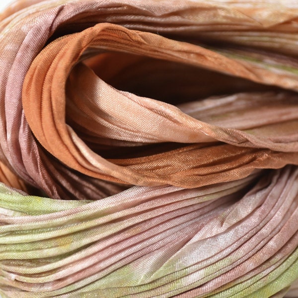 Silk Scarf, Hand Dyed and Pleated in Rose, Green and Peach