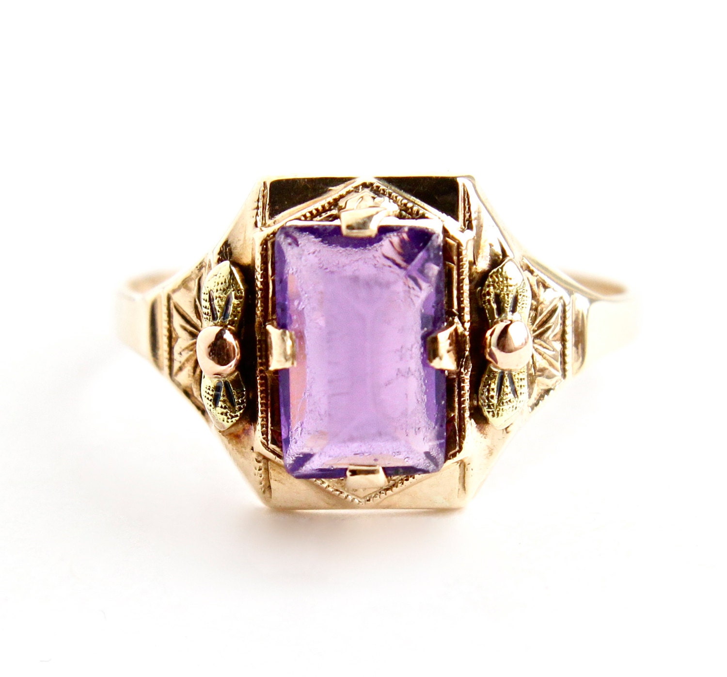 Antique 10k Yellow & Rose Gold Amethyst Ring - Size 6 3/4 Genuine Amethyst Solitaire Stone Signed BDA Fine Jewelry / 1.55 Carat Gemstone