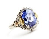 RESERVED for Hollie - 3rd Payment - Antique Art Deco 10k Filigree Ring - White, Rose & Yellow Gold 1930s Tanzanite Blue Stone Fine Jewelry