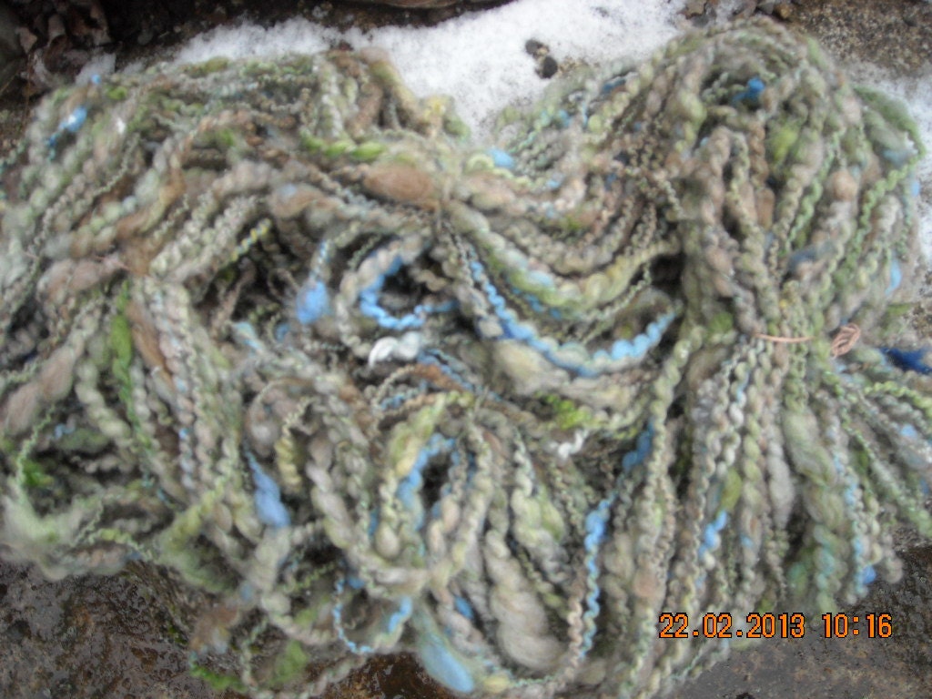 YARN handspun soft wool olive natural blue bulky thick and thin 105 yards AUGUST PRAIRIE