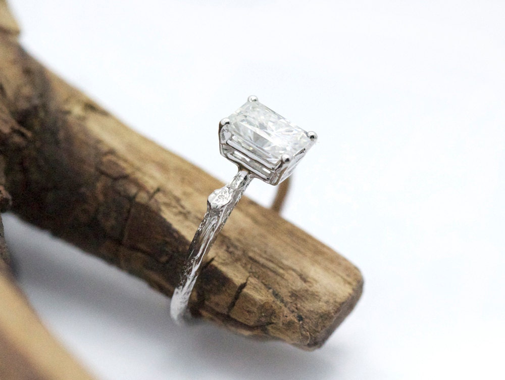 Emerald Cut Moissanite Twig Engagement Ring - White Gold - Unique Diamond Alternative Ring