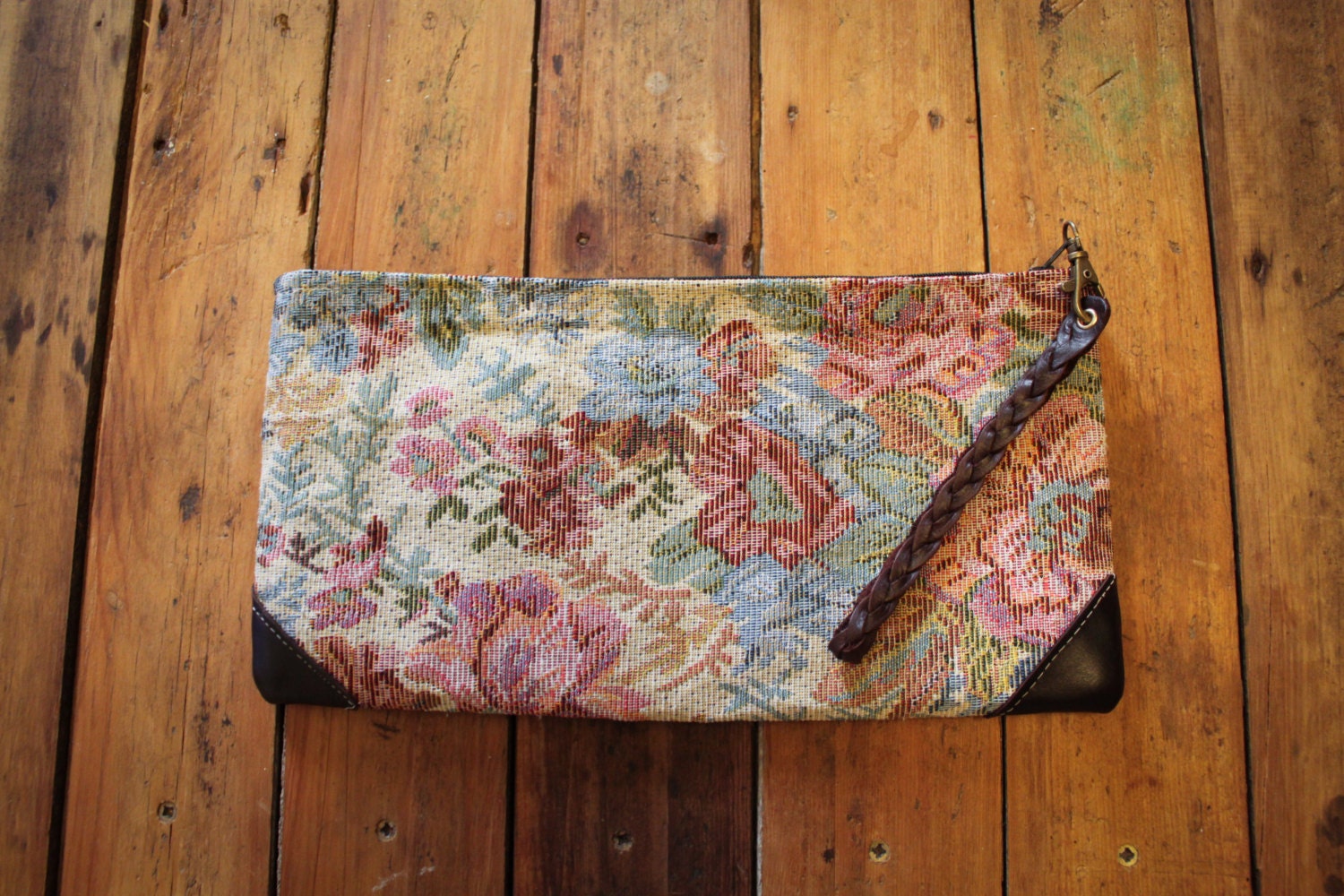 NZFINCH floral vintage clutch with leather detail, zip close, fully lined