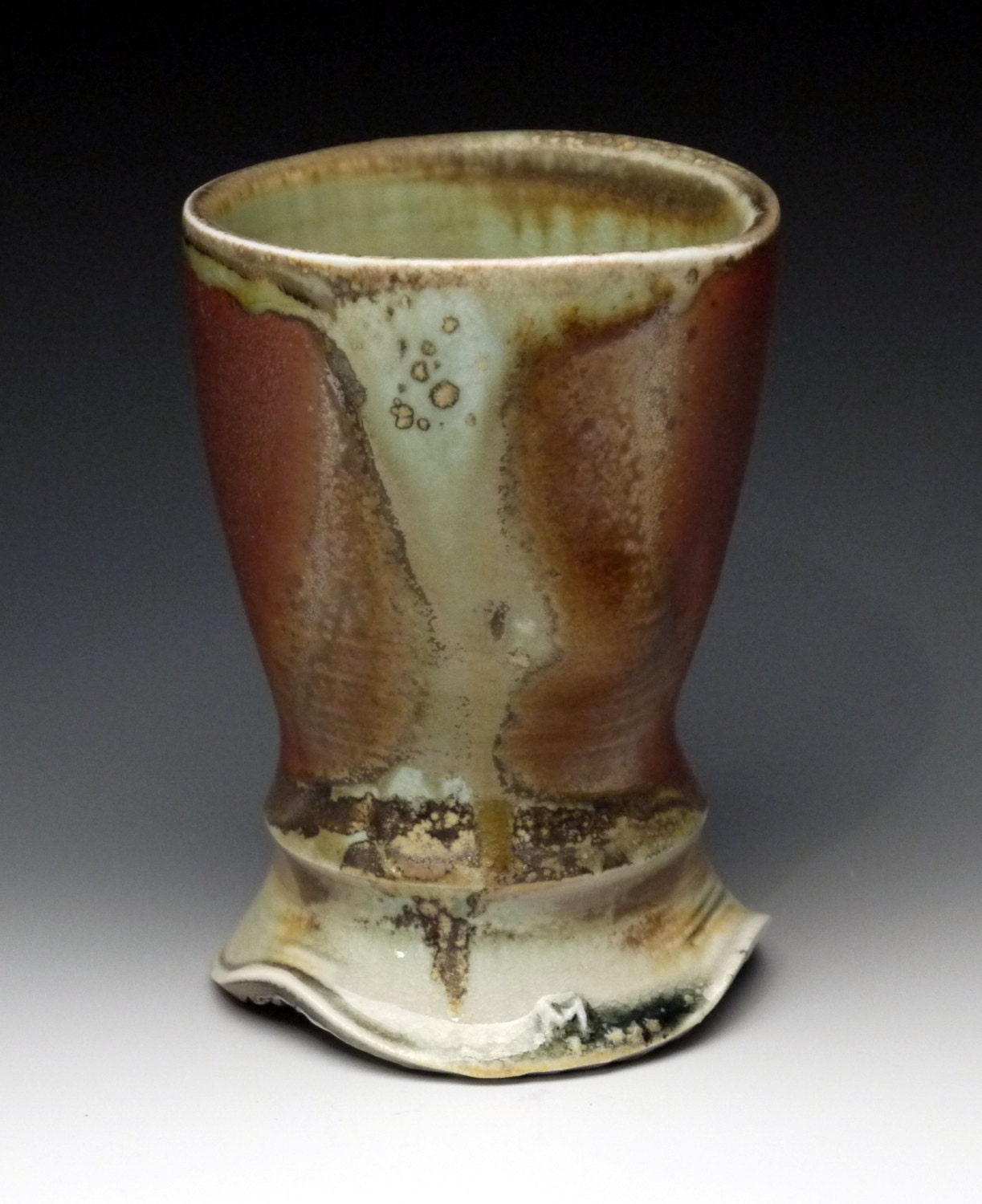 Cup, porcelain, oribe glaze, avery flash, woodfired