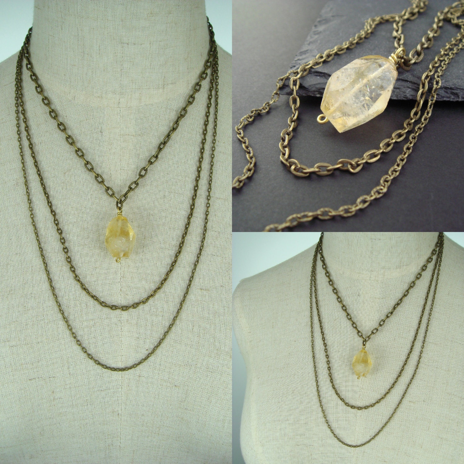 Citrine Necklace, Faceted Golden Citrine Nugget Drop, Layered Chains, Natural Stone Handcrafted Jewelry, Antiqued Brass