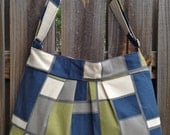 Hobo Purse Cross Body Pleated Bag with Adjustable Strap and Zipper Closure  - blue & green squares
