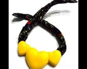 Vintage Three Heart Pendant with Black Fabric Necklace - Ceramic, Yellow, Summer Fashion, Fun, Bold Colors, Big Jewelry, 80s Fashion