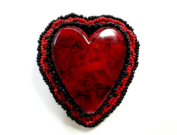 Valentines Day Heart Red and Black Pin Up Beaded Hair Clip Accessory - MegansBeadedDesigns