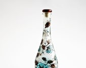 Hand Painted Bottle Upcycled Swarovski Crystals Brown Black Turquoise Floral Design Swarovski crystals.