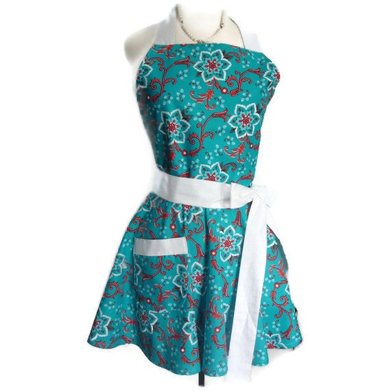 Cute and Flirty Women's Classic Full Hostess Apron - Teal Blue Starflower with White Ties