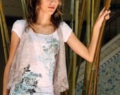 SALE - 3 piece graphic tee set floral sparkle shirt fly away laced front vest beaded necklace spring summer olive cream