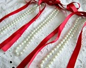 Red ribbon Necklace Pearl Necklace Bridesmaids Gifts Set of Three Pearl And Ribbon Necklaces With White Pearls And Red Ribbon