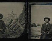 TWO Antique Tintypes / Pals in Front of Ocean Backdrop and CLIFF HOUSE San Francisco