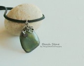 Tiffany Style Personalized Monogrammed Antiqued Green Beach Stone Hipster Tribal Black Leather Necklace Unisex