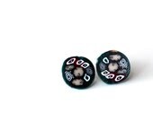 Green post earrings- stud polymer clay -handmade millefiori design- under 25- everyday jewelry