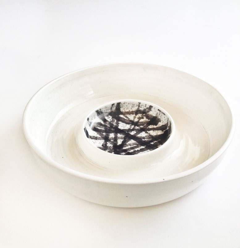 Large Porcelain Ceramic Handmade chip n' dip platter serving tray Home Decor summer black and white crackle glaze