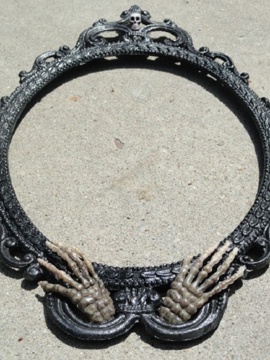 Halloween frame, Creepy Frame, Skeleton Hands and Skull , black oval frame