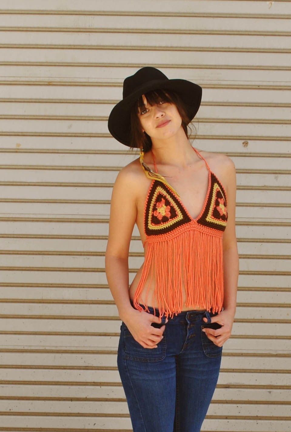 Coral Granny Square Fringe Bikini / Crochet Festival Top / Bohemian / Folk / Gypsy Halter