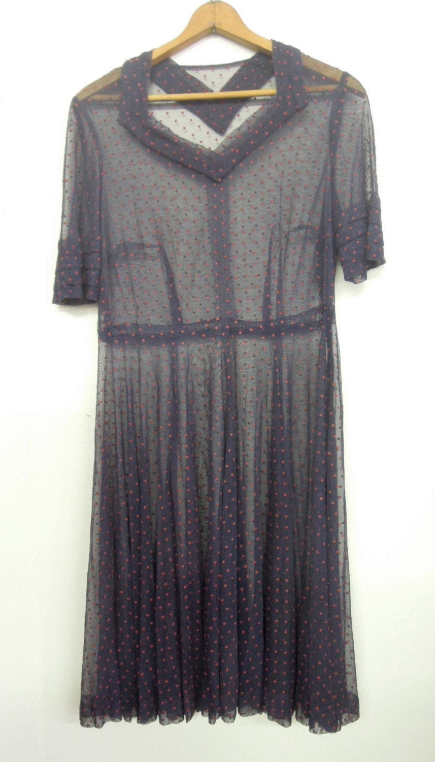 Very cool 1950s sheer mesh navy dress with red polkadots, Rockabilly, VLV, size L