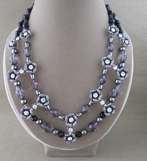 Black Beaded Rhinestone Flower Statement Strand Necklace