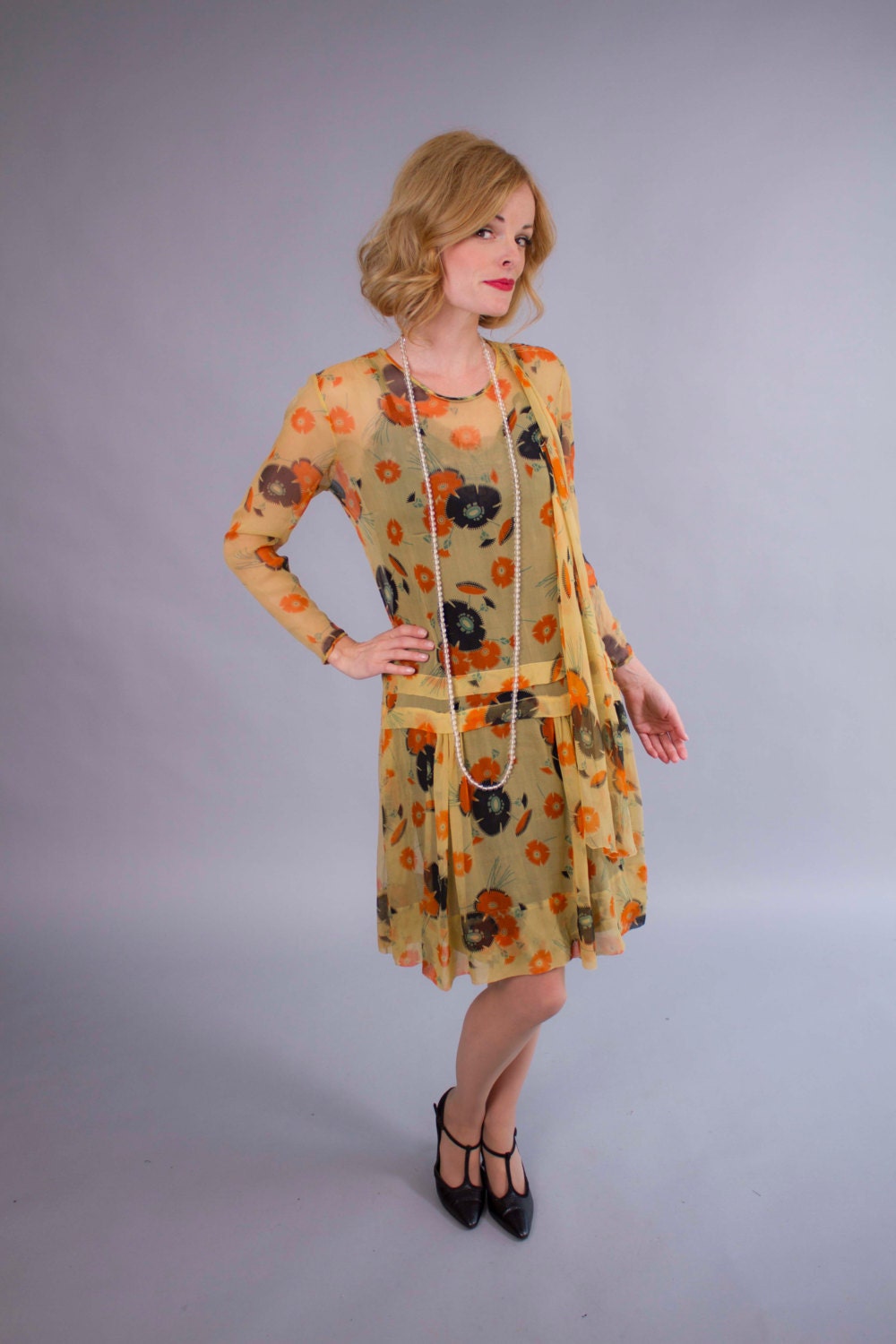 1920s dress . 20s silk chiffon drop waist dress . Indian Summer
