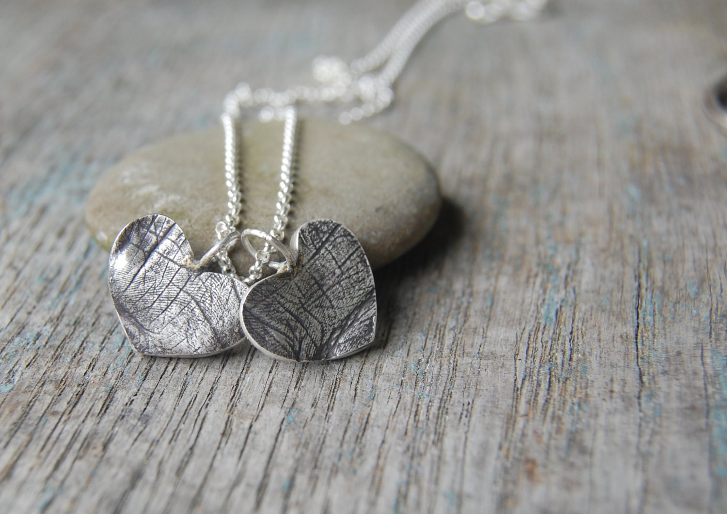 Custom TWO Small Silver Heart Fingerprints -:- Personalized with Your Children's Prints -- Includes Sterling Chain