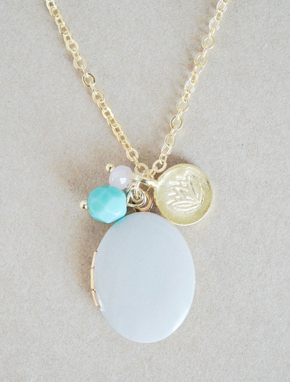 Beaded Lotus Flower Stamped Charm with Enamel Photo Locket
