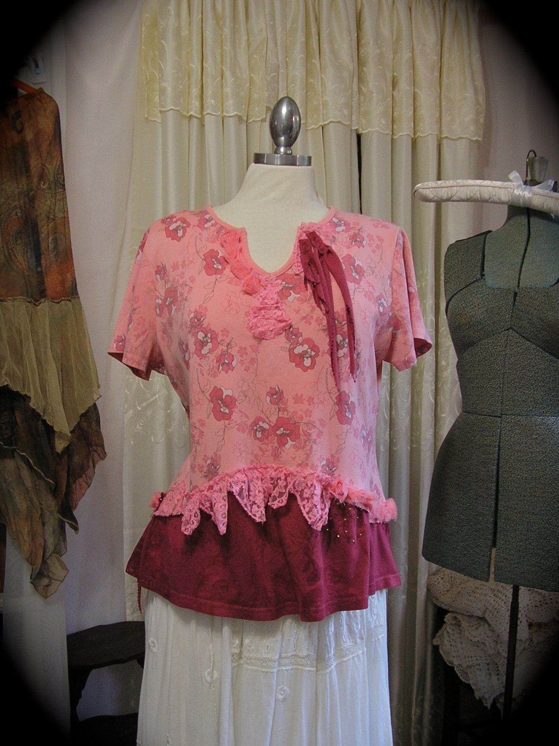 Shabby Upcycled Top, romantic lace chic cotton shirt, upcycled clothing altered couture , XL