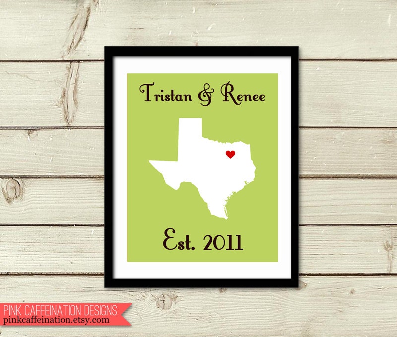 11x14 Texas State Heart Print - Texas Map - Dallas Houston Austin Texas - Personalized Wedding Print - Custom Wedding Gift Anniversary Gift
