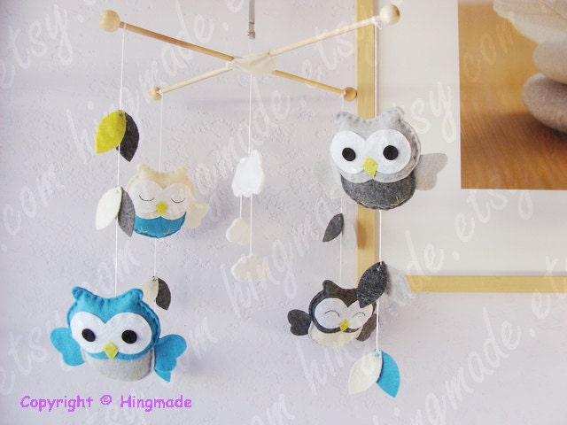 Owl Mobile - Baby Mobile - Felt Mobile - Modern Mobile - Peacock Blue Gray Owls in clouds and leaves (Custom color available)