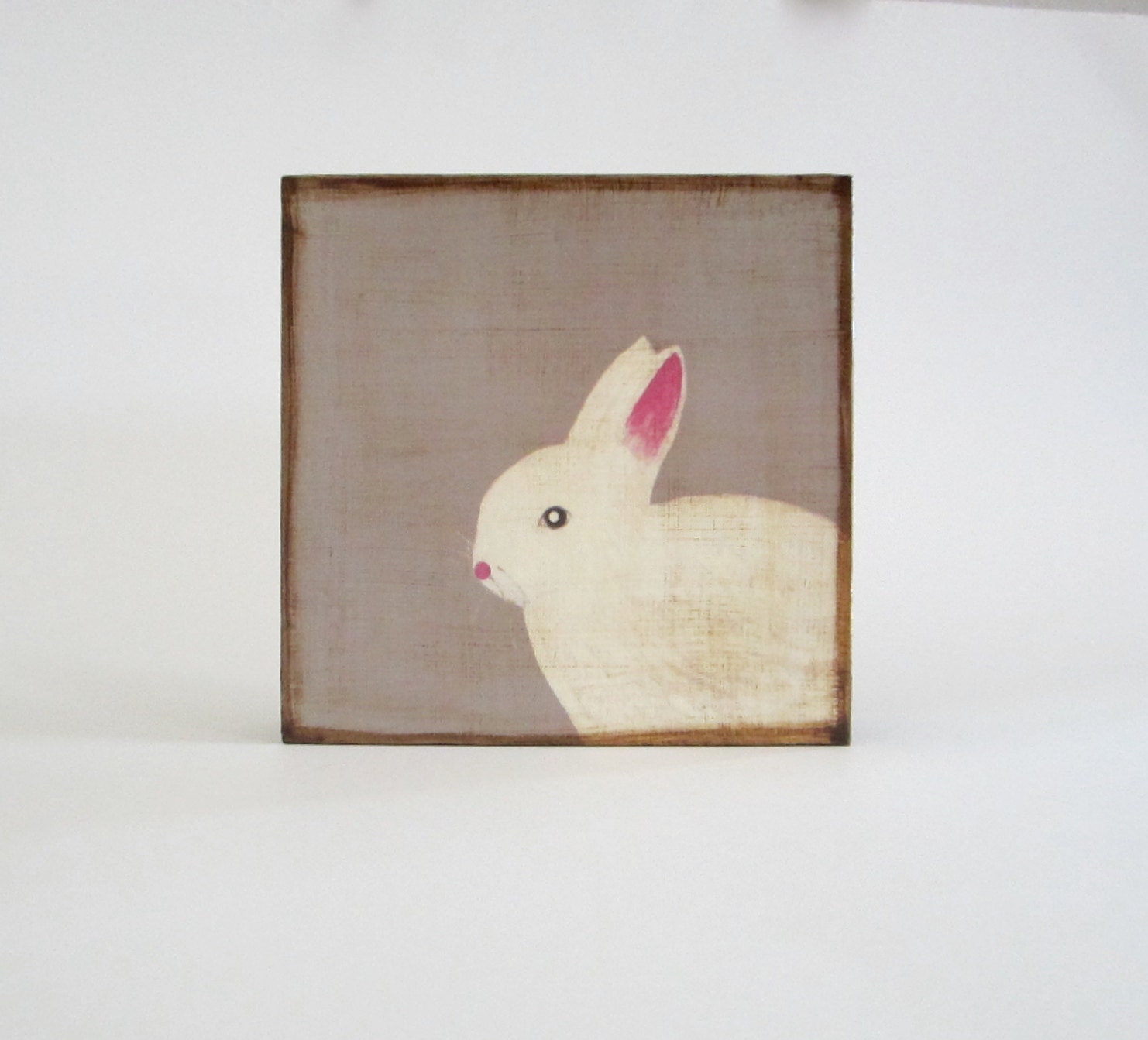 Rabbit White 5x5 art block Baby Nursery Decor Children Forest Woodland  gray animal redtilestudio