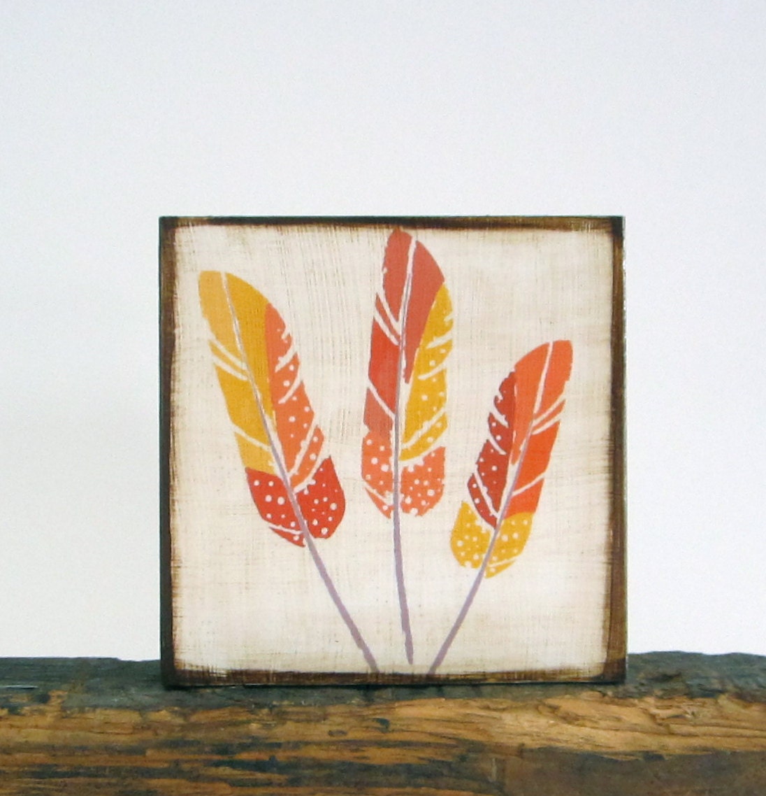 Southwestern Wall Decor l Nursery Art Block l Three Feathers l orange yellow gray 5x5 wood block redtilestudio